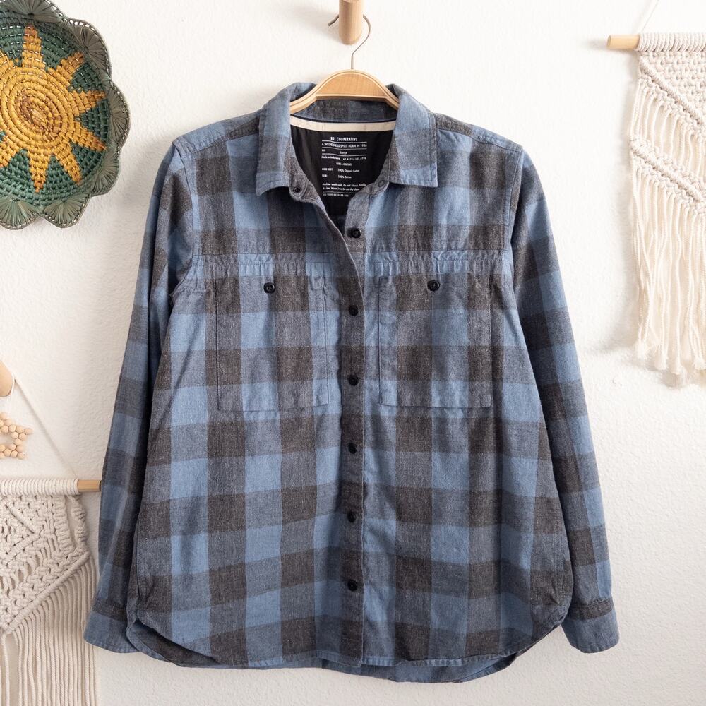 REI Cooperative Blue Gray Check Organic Cotton Button Down Shirt Size Large